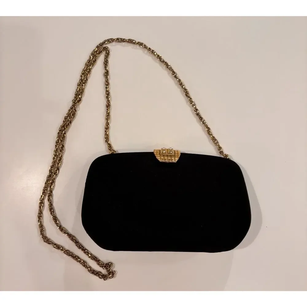 RODO Italy Satin Black Hard Shell Gold Chain Handbag Clutch Rhinestone Clasp EUC